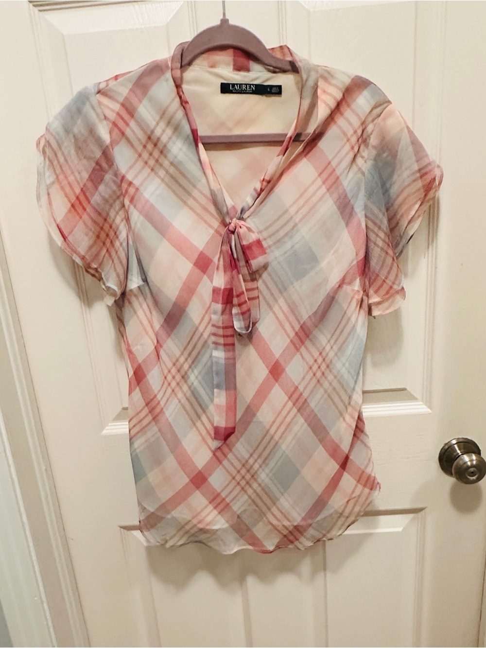 Ralph Lauren Pink and Light Blue Plaid Tie-Neck Blouse